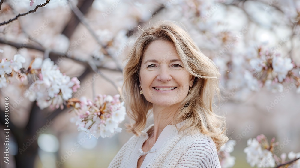 `A portrait of an elegant middle-aged woman smiling, standing under blooming cherry blossoms in a springtime park. The soft pastel colors and natural sunlight create a serene atmosphere. Shot with a C `A portrait of an elegant middle-aged woman smiling, standing under blooming cherry blossoms in a springtime park. The soft pastel colors and natural sunlight create a serene atmosphere. Shot with a C