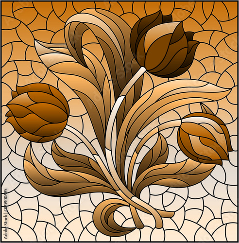 Illustration in the stained glass style with a floral arrangement of tulip flowers on a sky background, rectangular image, tone brown