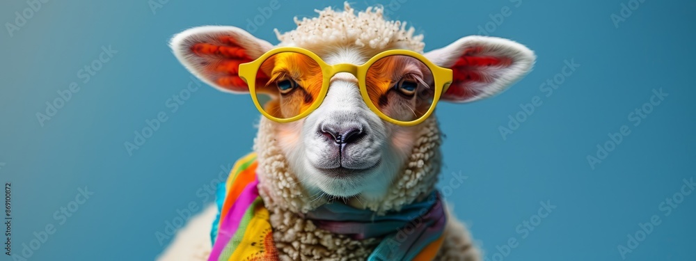 A close-up of a sheep wearing sunglasses and a scarf around its neck A close-up of a sheep wearing sunglasses and a scarf around its neck