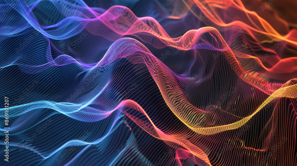 Fototapeta premium This is an abstract image of colorful waves. The colors are blue, green, yellow, orange, and pink. The waves are flowing in different directions.