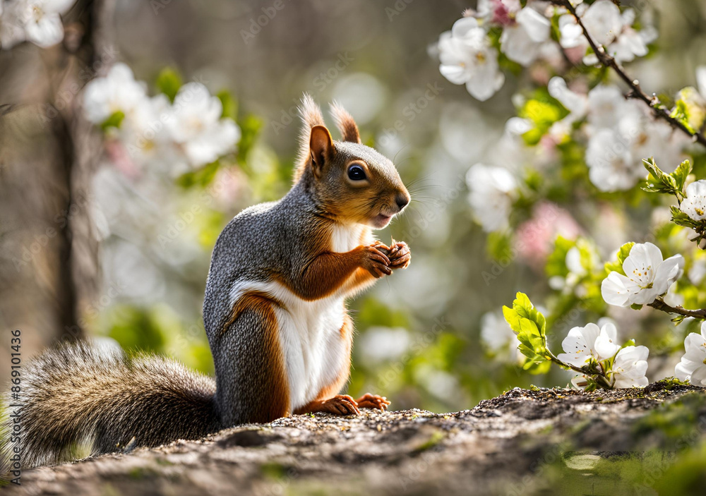 Obraz premium Squirrel Amidst Blossoming Spring Flowers