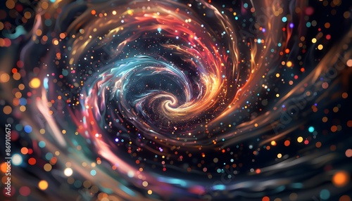 A digital illustration of colorful lights creating a cosmic vortex