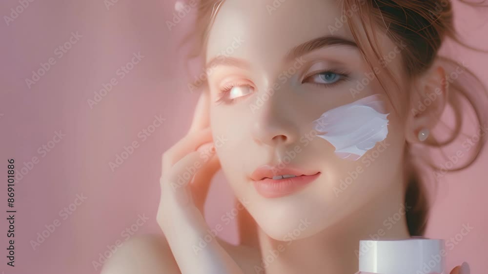 Beautiful young woman slowly Use a thin layer of cosmetic cream. onto his face carefully. On the other hand, he held a bottle of cream. Beautiful young woman slowly Use a thin layer of cosmetic cream. onto his face carefully. On the other hand, he held a bottle of cream.