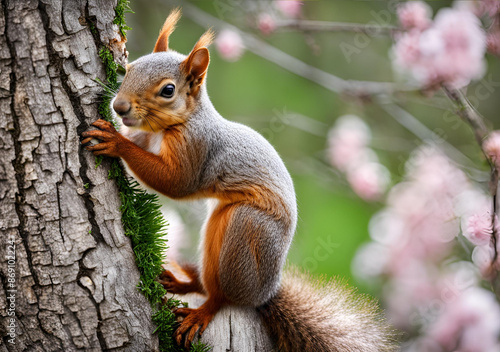 Tree Climber: A squirrel climbing up a tree trunk with pink blossoms in the background