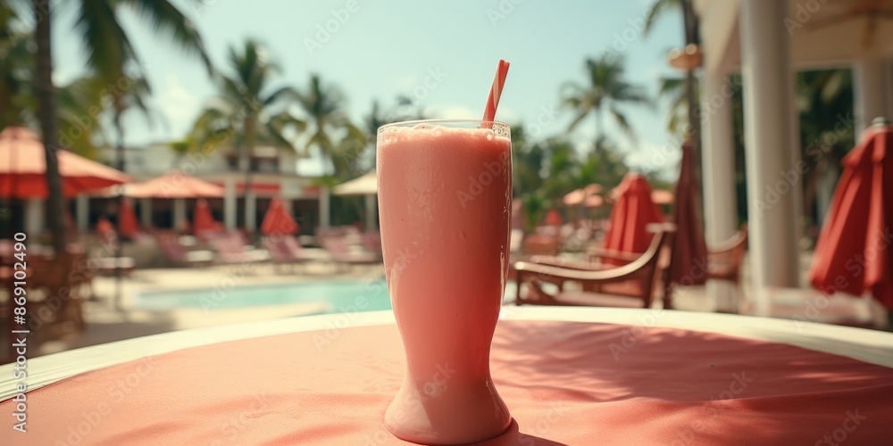 Fototapeta premium Pink Smoothie on a Table Near a Pool