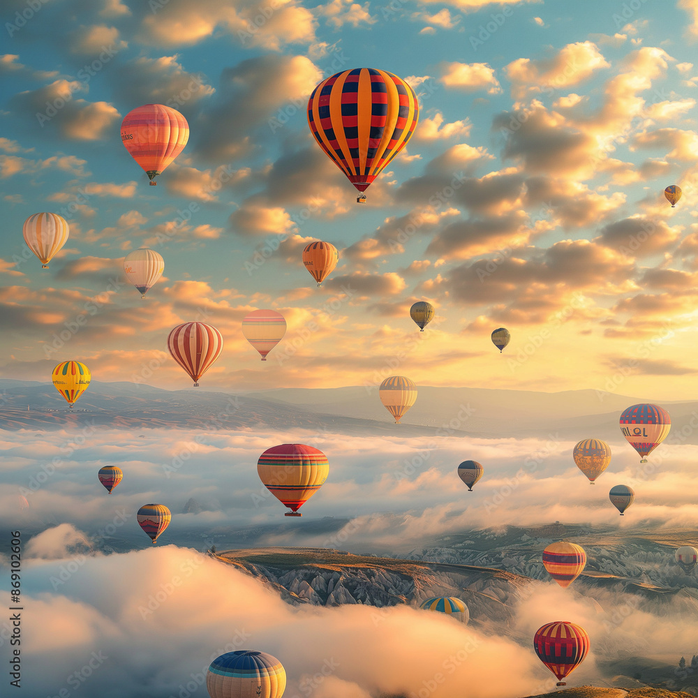 Obraz premium Serene Ascent : Colorful Hot Air Balloons Above the Clouds