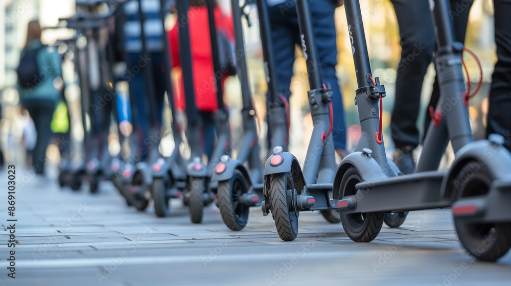Obraz premium Electric scooters stand in a row, for commuting, for recreation. Environmentally friendly transport, outdoors