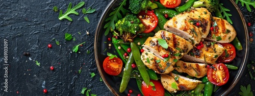  A plate with grilled chicken, broccoli, tomatoes, and green beans on a black stone table © Viktor