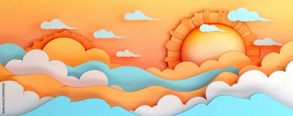 A paper drawing of a sunny day with a large sun in the sky and clouds. The sky is orange and blue, and the sun is shining brightly. Scene is cheerful and uplifting.