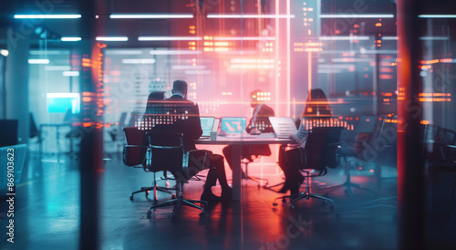 A group of people are sitting around a table in a room with a red by AI generated image