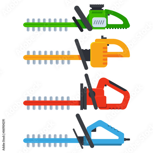 Electric hedge trimmers vector cartoon set isolated on a white background.