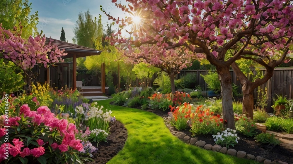 very nice and well looking and attractive garden near the small old cottage in spring season very nice and well looking and attractive garden near the small old cottage in spring season