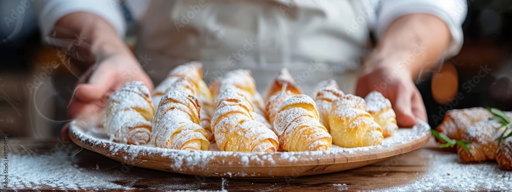 A tight shot of a table-top spread of pastries, dusted with powdered sugar, and a figure in the background A tight shot of a table-top spread of pastries, dusted with powdered sugar, and a figure in the background