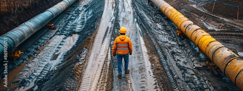  A man in an orange safety vest walks down a muddy road, pipelines visible behind him