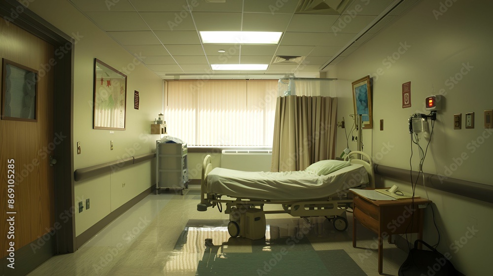 An empty hospital room with a single bed, medical equipment, and soft lighting, evoking a sense of quiet and solitude. An empty hospital room with a single bed, medical equipment, and soft lighting, evoking a sense of quiet and solitude.