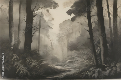 Enchanting aquatint print captures forest and tree landscapes. photo