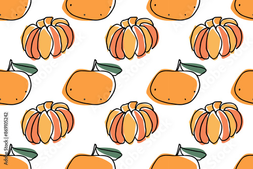 Bright seamless pattern with Tangerine fruit. Mandarins hand drawn vector doodle sketch with orange color. Food pattern For print, textile, fabric, wrapping paper, wallpaper, scrapbooking.