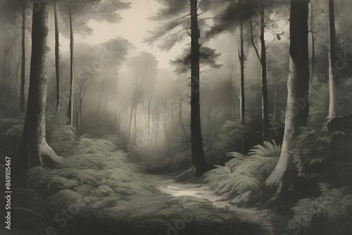 Enchanting aquatint print captures forest and tree landscapes. photo