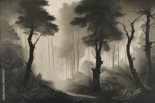 Enchanting aquatint print captures forest and tree landscapes. photo