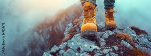  Person atop mountain, wearing yellow boots, atop rocky outcropping photo