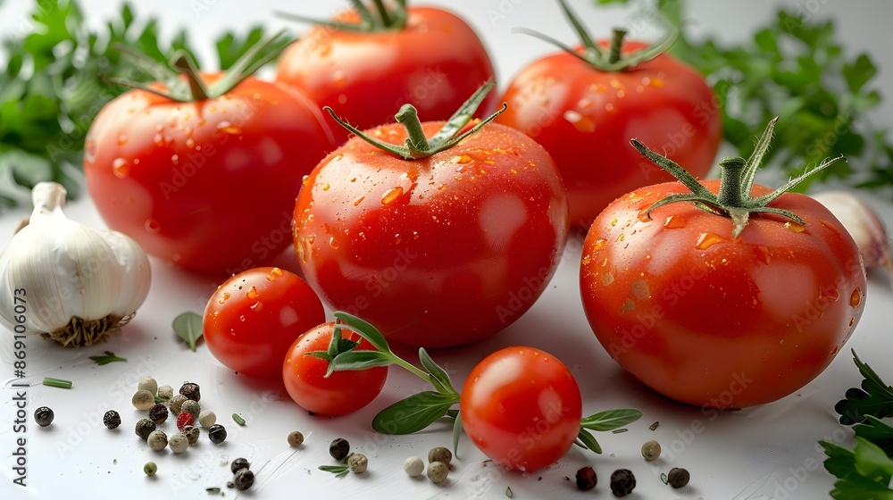 Fresh Ripe Tomatoes Garlic and Aromatic Herbs on White Studio Background Fresh Ripe Tomatoes Garlic and Aromatic Herbs on White Studio Background
