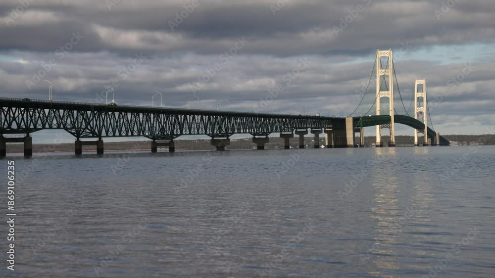 Time lapse video of the Mackinac Bridge on the Straits of Mackinac in Michigan with vehicles driving by and clouds moving. Time lapse video of the Mackinac Bridge on the Straits of Mackinac in Michigan with vehicles driving by and clouds moving.
