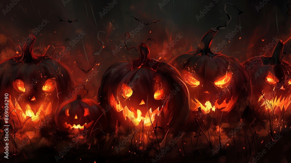 Naklejka premium Halloween pumpkin night. Dark autumn holiday, scary and spooky. Evil lantern, fear glowing orange. Jack o lantern symbol, creepy face. Carved decoration, October celebration.