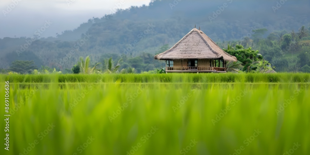Ecofriendly bamboo house in Balinese rice paddies embodies traditional living. Concept Sustainable Architecture, Bamboo Construction, Balinese Culture, Eco-friendly Living, Traditional Design