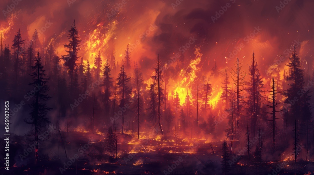 Fototapeta premium An intense scene of a forest fire, with towering trees ablaze and dense smoke billowing upwards, capturing the raw power and devastation caused by uncontrolled wildfires in natural settings.