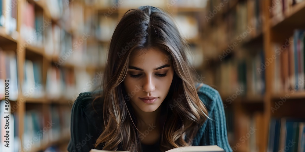 Female student studying in a library. Concept Education, Student life, Library, Studying, Academic achievements Female student studying in a library. Concept Education, Student life, Library, Studying, Academic achievements