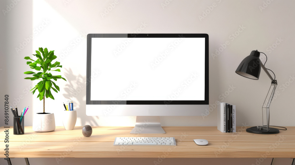 Fototapeta premium A computer monitor with a potted plant and a lamp is installed on a wooden table. A mockup of a computer monitor in a stylish bright room. There is a keyboard, mouse and books
