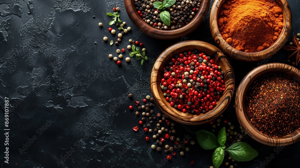 Assorted peppers and spices in wooden bowls on a dark textured background, showcasing a variety of vibrant colors and flavors, representing culinary diversity and rich, aromatic experiences. Assorted peppers and spices in wooden bowls on a dark textured background, showcasing a variety of vibrant colors and flavors, representing culinary diversity and rich, aromatic experiences.