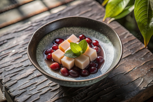 Japanese Anmitsu, A bowl of anmitsu with agar cubes, fruit, and red bean paste, set on a ceramic plate