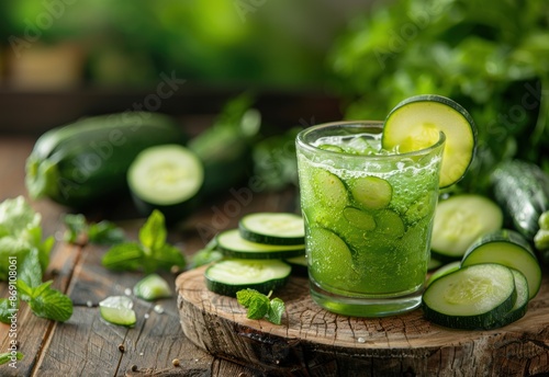 Refreshing cucumber juice in a glass on a rustic wooden table, surrounded by fresh cucumber slices, whole cucumbers, and mint leaves, showcasing a healthy, vibrant, and hydrating beverage.