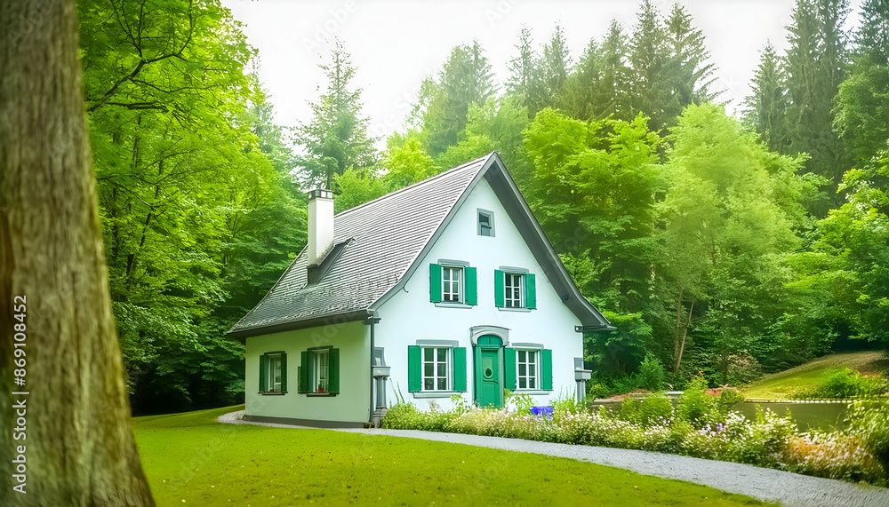 white house with green shutters nestled in a lush green forest house is surrounded by tall trees and a grassy meadow green background peaceful retreat cabin nestled amidst a lush green wilderness white house with green shutters nestled in a lush green forest house is surrounded by tall trees and a grassy meadow green background peaceful retreat cabin nestled amidst a lush green wilderness