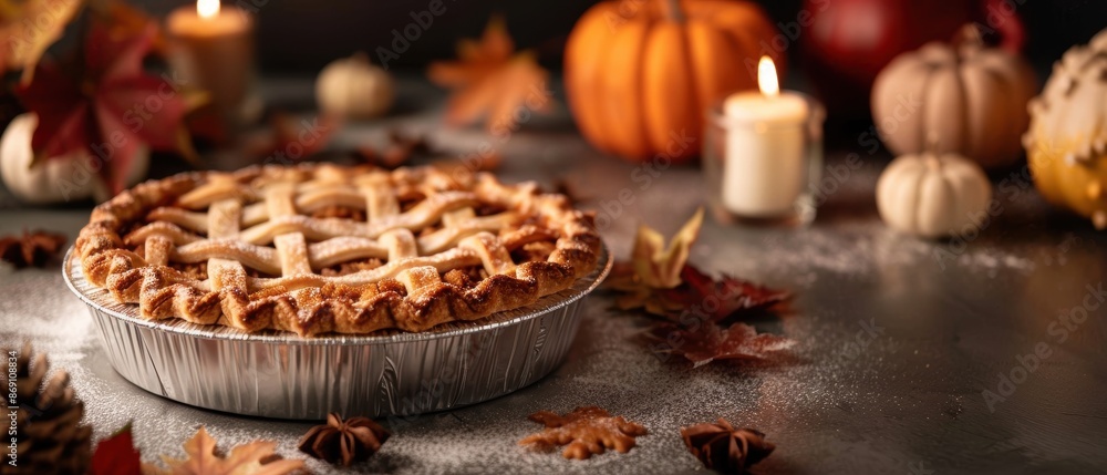 A delicious homemade pie sits on a rustic table surrounded by autumn decorations including pumpkins, candles, and fall leaves. A delicious homemade pie sits on a rustic table surrounded by autumn decorations including pumpkins, candles, and fall leaves.