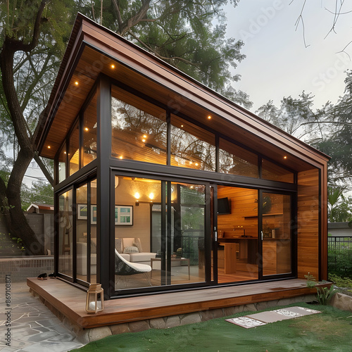 Modern tiny house with a sloped roof and a wooden exterior. The small structure has large glass sliding doors, providing a glimpse into a cozy interior. © Khalif