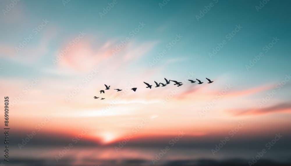Fototapeta premium A flock of birds in V-formation flying over a serene sea during a breathtaking sunset with vibrant colors in the sky.