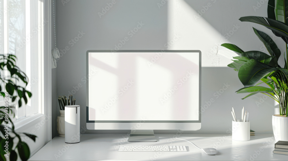 A mockup of the designer's computer monitor in a bright, stylish interior. On the desk in front of the window there is a computer monitor, a keyboard, a mouse A mockup of the designer's computer monitor in a bright, stylish interior. On the desk in front of the window there is a computer monitor, a keyboard, a mouse