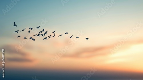 Wallpaper Mural A flock of birds flying across the serene sky during a beautiful sunset, creating a tranquil and picturesque scene. Torontodigital.ca