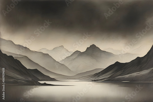 Majestic mountains rendered in aquatint splendor. photo