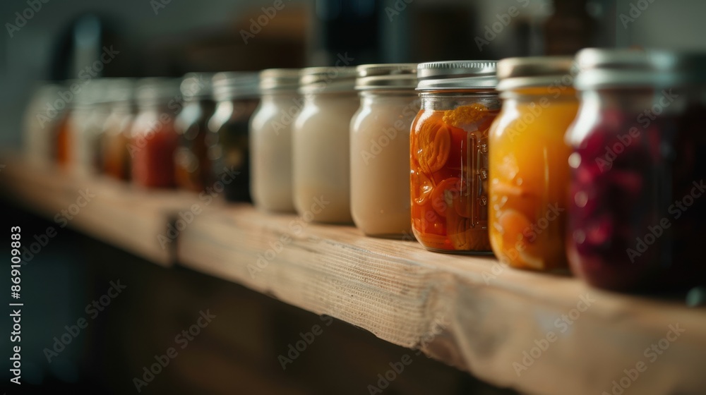 Row of jars filled with various pickled goods on a rustic wooden shelf. Row of jars filled with various pickled goods on a rustic wooden shelf.