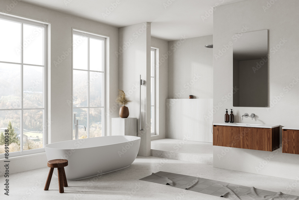 White hotel bathroom interior with sink, tub and shower. Panoramic window White hotel bathroom interior with sink, tub and shower. Panoramic window
