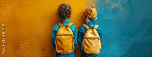  Two children, each carrying backpacks, pose before a vibrant yellow and teal wall