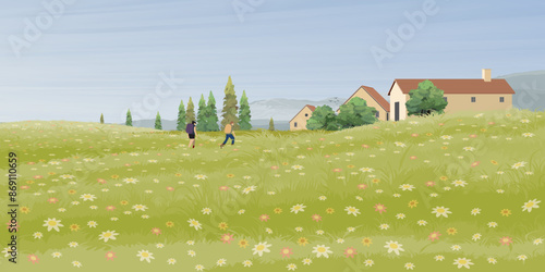 Small village in colorful flower fields hill landscape with tourist backpackers have mountain range behind graphic illustration.