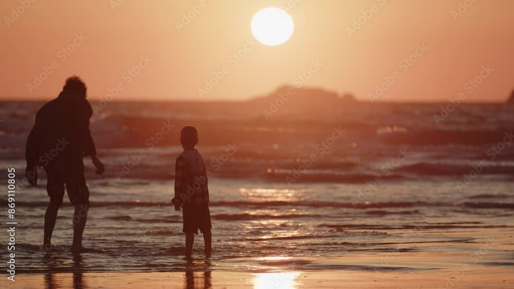 Father and son bonds together on beach at sunset throwing rocks into shallows Father and son bonds together on beach at sunset throwing rocks into shallows