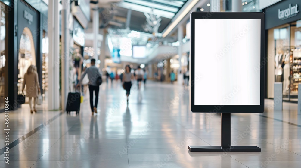 An empty billboard in front of a shopping mall, with shoppers and storefronts visible An empty billboard in front of a shopping mall, with shoppers and storefronts visible