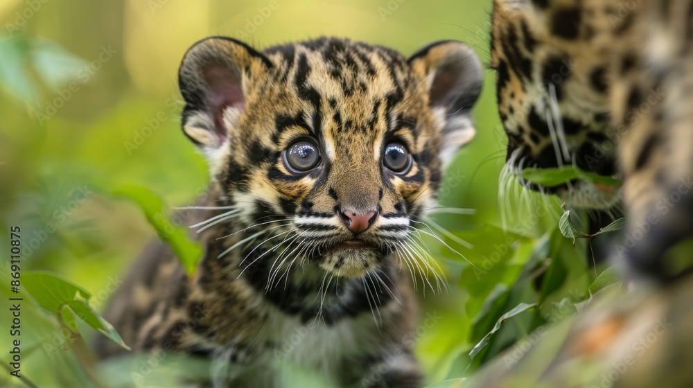 A close-up photograph of a young clouded leopard cub playfully exploring its surroundings in a lush rainforest, with its mother watching closely in the background A close-up photograph of a young clouded leopard cub playfully exploring its surroundings in a lush rainforest, with its mother watching closely in the background