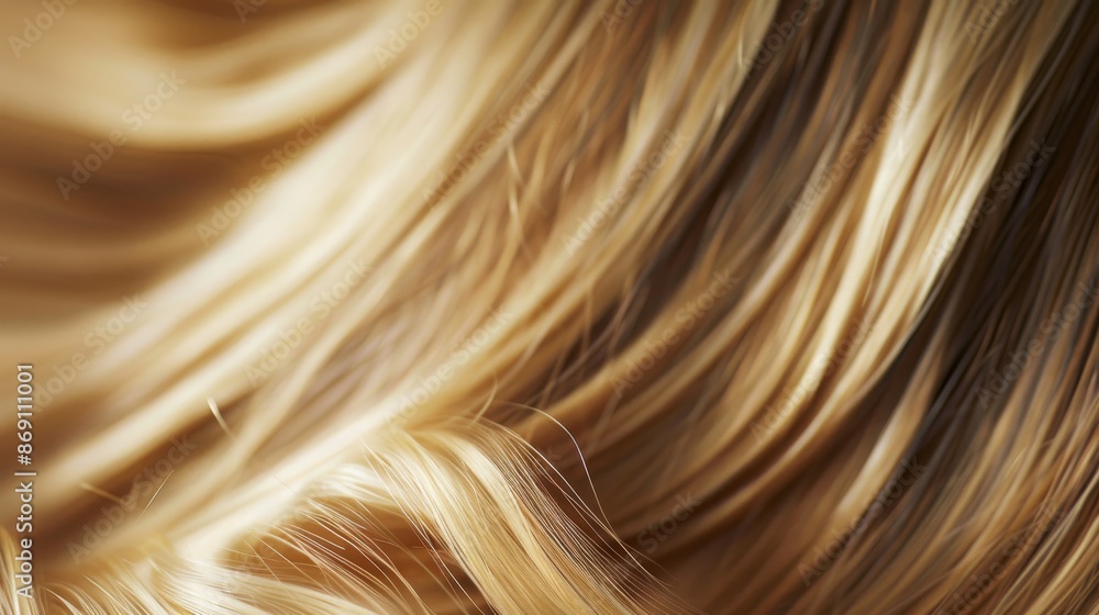 Close-up photo shows models blonde hair in delicate movement against a soft, blurred background, highlighting its natural beauty and texture Close-up photo shows models blonde hair in delicate movement against a soft, blurred background, highlighting its natural beauty and texture