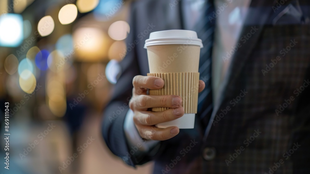 A closeup photo of a businessmans hand holding a disposable coffee cup in a city setting A closeup photo of a businessmans hand holding a disposable coffee cup in a city setting